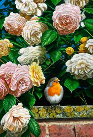 1247 Over the garden wall robin and roses