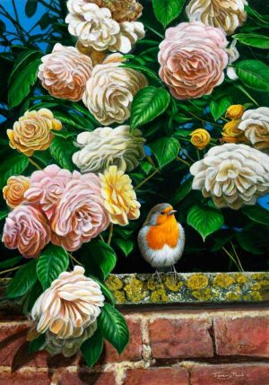 1247 Over the garden wall robin and roses